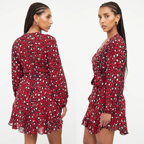 NWT A.L.C. Mini Dress Long Sleeves Leopard Print Wrap Tie-Up Belt Deep V-Neck - Picture 2 of 14